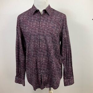 PERRY ELLIS Purple Stretchy Long Sleeve Digital Print Button Front Shirt, sz XL